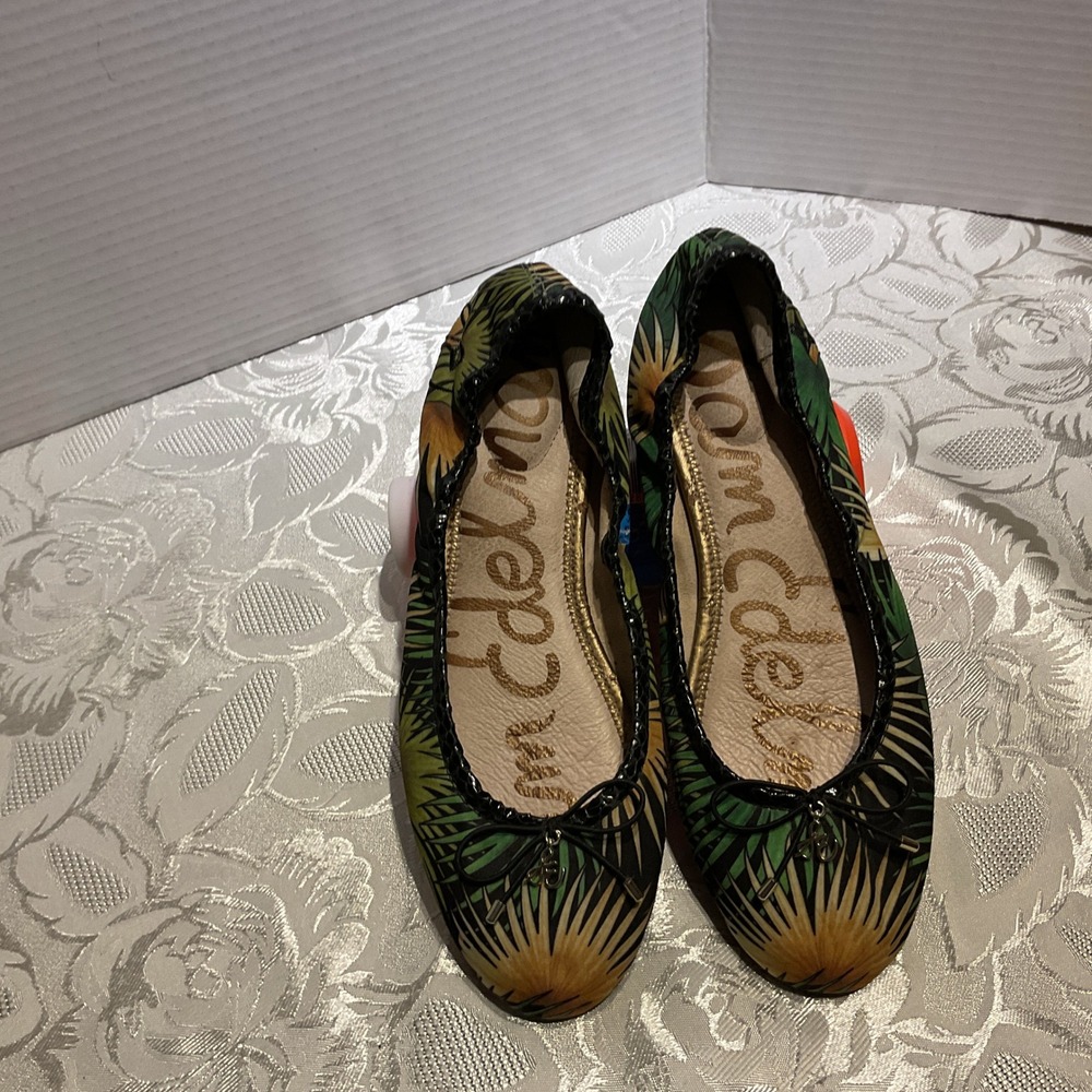 Sam Edelman Felicia Ballet Flats Womens 7.5 Green Tropical Palm Print Good Bow
